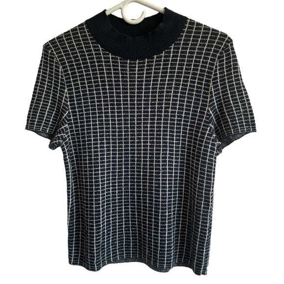 Maeve Navy Windowpane Short Sleeve Knit Top, Size M - Picture 1 of 7